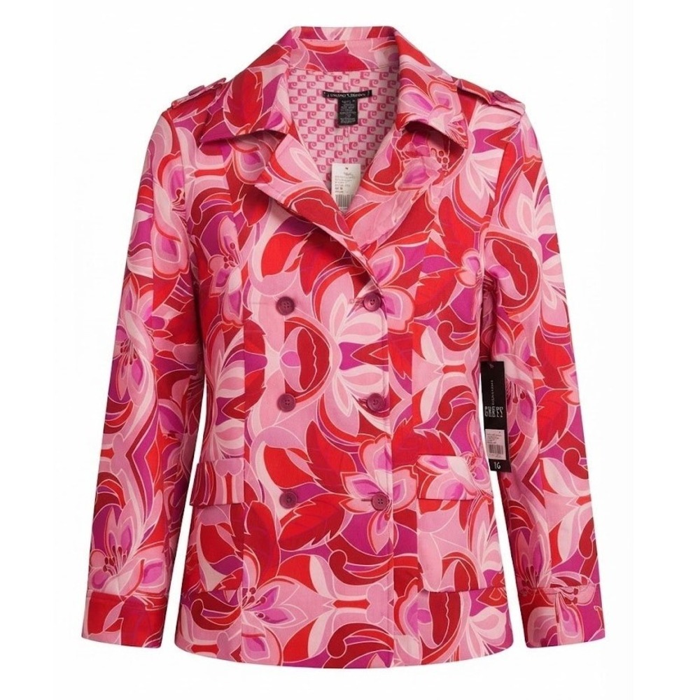 Pierre Cardin Womens Red Abstract Floral Double Breasted Jacket Size 16 No Belt